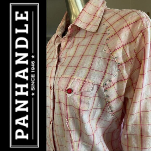 Panhandle Slim Women's Western Shirt Pink Plaid Crystal Detail Size Large - Picture 4 of 7